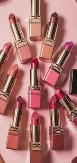 Assorted lipsticks on a pink background.