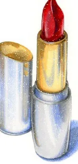 Illustration of an elegant red lipstick with gold and silver casing.