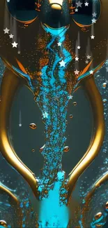 Elegant liquid art with gold and teal tones, perfect wallpaper for a mobile phone.