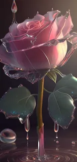 Pink rose encased in liquid with droplets.