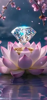 A glowing diamond on a lotus flower, surrounded by water and cherry blossoms.