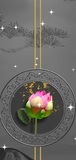 Elegant wallpaper featuring a lotus flower with golden accents on a gray background.