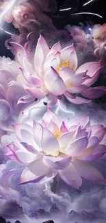 Elegant lotus flowers amidst ethereal clouds.