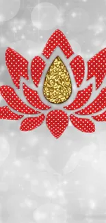 Red polka-dotted lotus with gold center on silver background.