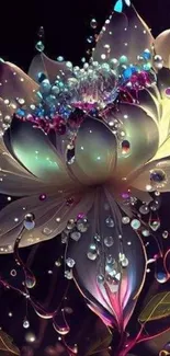 Fantasy art of a lotus flower with sparkling droplets and vibrant colors.