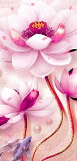 Pink lotus flowers with koi fish in serene wallpaper design.