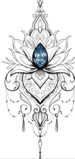 Intricate lotus design with a blue gemstone on a white background.