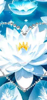 Lotus flower with diamond heart on blue background.