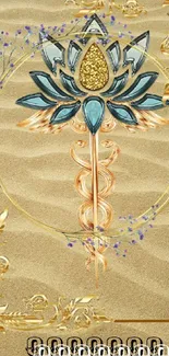 Elegant lotus flower on sandy backdrop with gold accents.