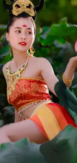 A woman in traditional attire holds a lotus in a lush green setting.