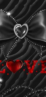 Elegant black bow wallpaper with red love text.