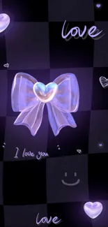 Elegant heart bow on checkerboard wallpaper.