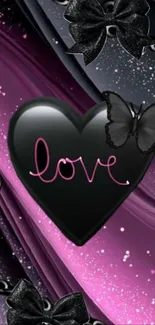 Black heart with love text and butterflies on a mobile wallpaper.