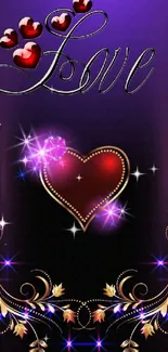 Romantic mobile wallpaper with a red heart on a purple background and decorative elements.