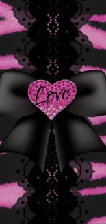 Zebra print wallpaper with a black bow and love heart.