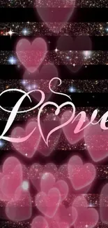 Romantic pink heart wallpaper with sparkling stars and "Love" text.