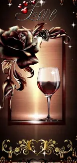 Elegant wallpaper with rose, wine glass, and golden frame.