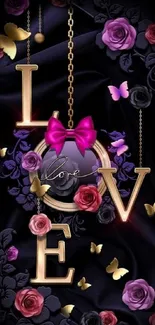 Love-themed wallpaper with roses, golden chains, and butterflies on black silk.