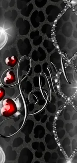 Dark background with silver and red heart decoration featuring 'Love'.