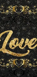 Elegant gold 'Love' text with floral design on black.