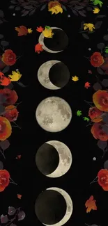 Mobile wallpaper with moon phases and floral design on a black background.