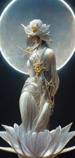 Ethereal lunar goddess statue with halo in moonlit backdrop.