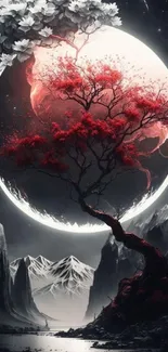 Elegant fantasy wallpaper with a mystical lunar scene, featuring a red and white tree.