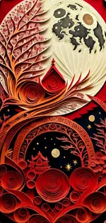 Intricate quilling art depicting a red lunar scene with detailed nature elements.