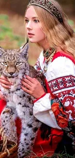 Woman in red dress with lynx in natural setting.