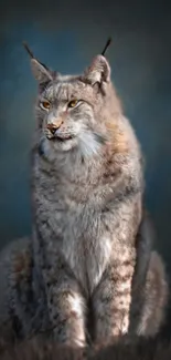 Majestic lynx sitting gracefully in a serene wildlife portrait with a dark background.