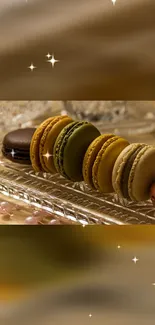 Colorful macarons on a glass tray with a sparkling background.