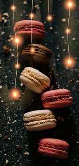 Elegant macaron wallpaper with sparkling lights and dark night theme.