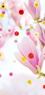 Elegant pink and white magnolia blossoms with soft background on phone wallpaper.