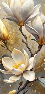 Magnolia flowers with gold accents on a branch.