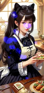 Anime maid in elegant attire at dining table.