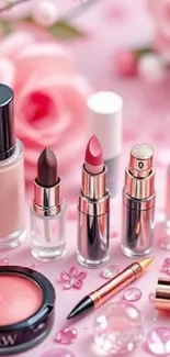 Pink makeup and roses wallpaper with elegant beauty products.