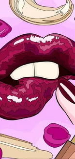 Illustration of lips and makeup brushes on a pink background.