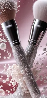 Elegant pink wallpaper with makeup brushes and pearls.