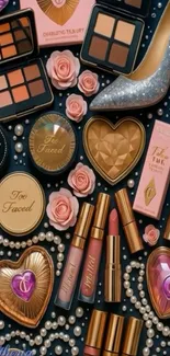 Luxurious makeup collection with pinks and golds, set against a dark background.