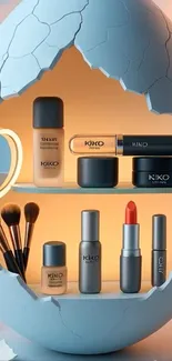 Creative makeup display inside cracked egg.