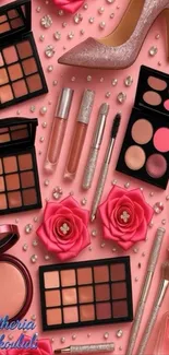Pink-themed wallpaper with makeup, shoes, and roses, elegant design.