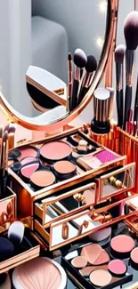 Elegant makeup vanity with brushes and palettes.