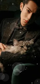 Man in dark suit holding a Maine Coon cat in a luxurious setting.