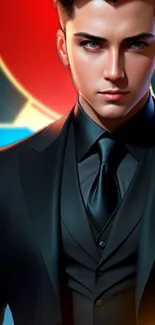 Digital art of elegant man in black suit on modern wallpaper.