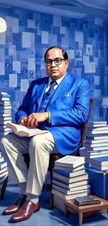 Man in blue suit surrounded by books in a blue room.