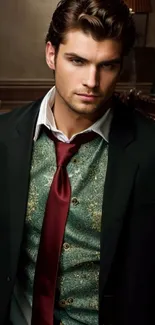 Stylish man in elegant formal suit with rich decor.