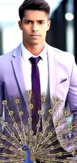 Man in lavender suit with peacock feathers design