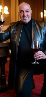 Man in a leather jacket holding two wine glasses in a dimly lit room.