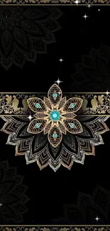 Black and gold mandala wallpaper with turquoise accents.