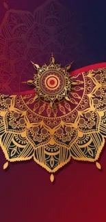 Elegant gold mandala on red and navy gradient mobile wallpaper.